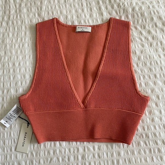 NWT Babaton Sculpt Knit Deep V Tank in Grapefruit Coral - Picture 2 of 6